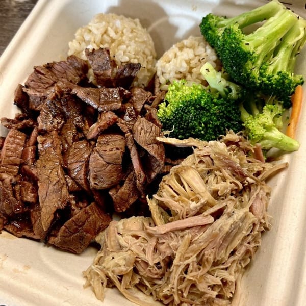 Hungry Hawaiian plate lunch with sliced beef, shredded pork, brown rice, and steamed broccoli.
